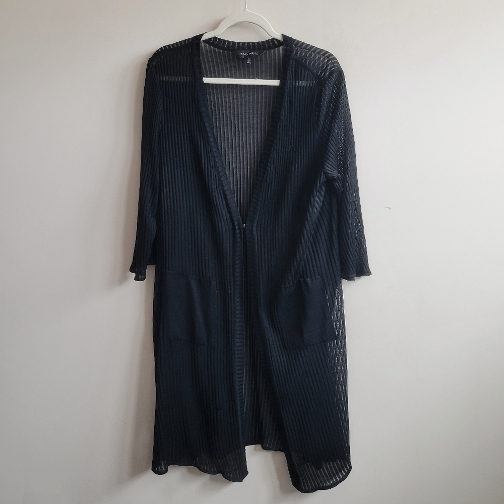 Ming Wang Sheer‎ Striped Cardigan in Black